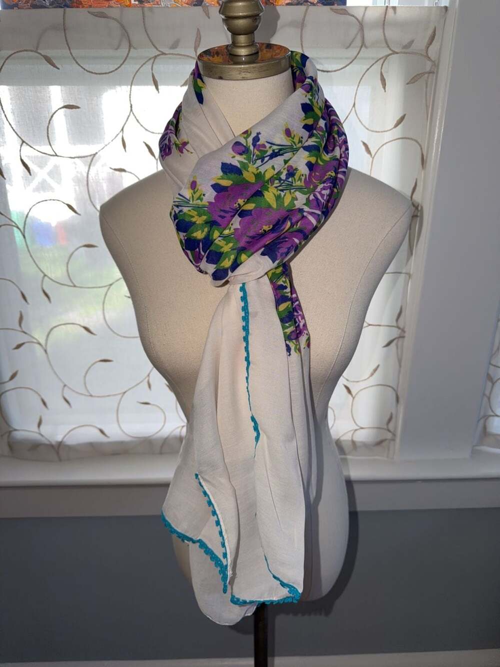 Betsey Johnson Vintage Floral Rose Scarf with Picot Crochet Trim